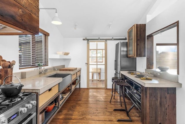 kitchen with sink, dark hardwood / wood-style floors, a barn door, and appliances with stainless steel finishes