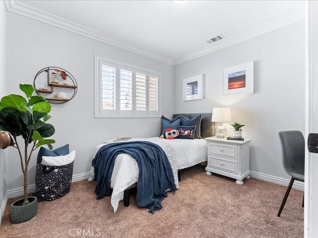 carpeted bedroom featuring crown molding