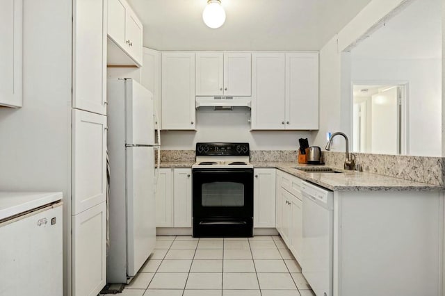 kitchen with white cabinetry, white appliances, sink, and light tile patterned floors