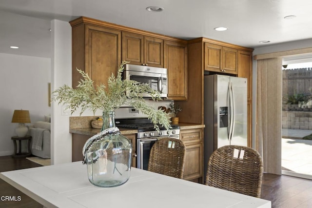 kitchen with dark hardwood / wood-style flooring and stainless steel appliances