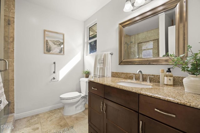 bathroom with vanity, an enclosed shower, tile patterned floors, and toilet