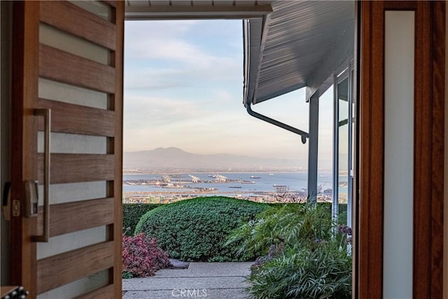 doorway featuring a water and mountain view and a healthy amount of sunlight