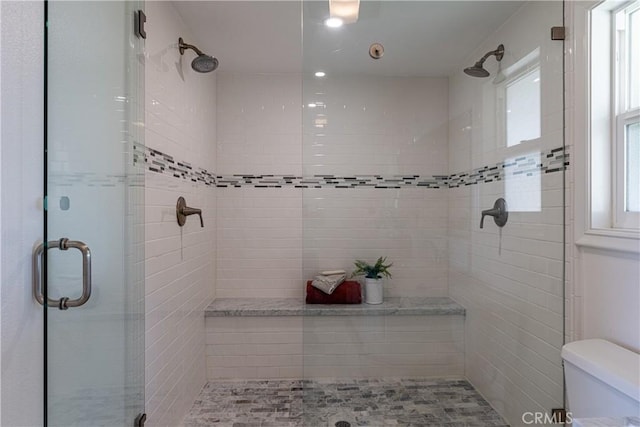 bathroom with toilet, a wealth of natural light, and a shower with shower door