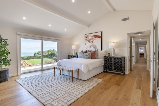 bedroom featuring high vaulted ceiling, beam ceiling, light wood-type flooring, and access to outside