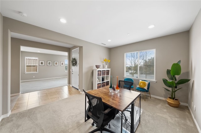 dining area with light carpet, visible vents, recessed lighting, and light tile patterned floors