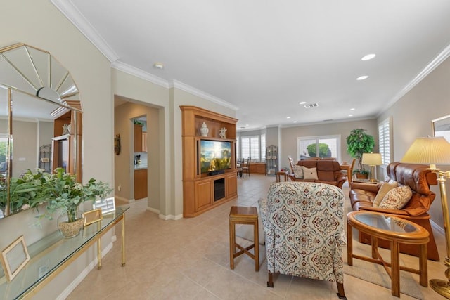 tiled living room featuring crown molding