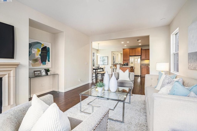 living room with dark hardwood / wood-style floors