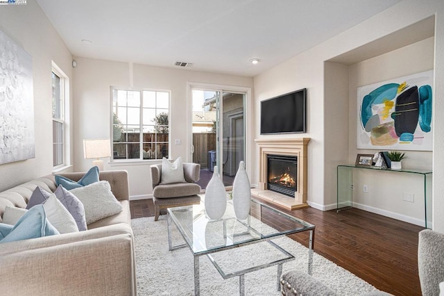 living room with dark wood-type flooring