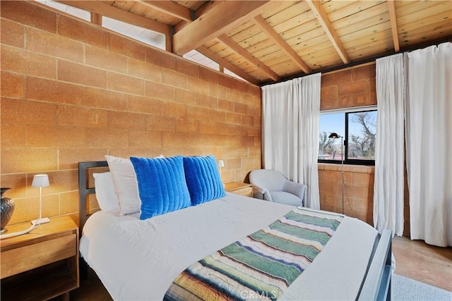 bedroom featuring wood ceiling, carpet floors, and lofted ceiling with beams