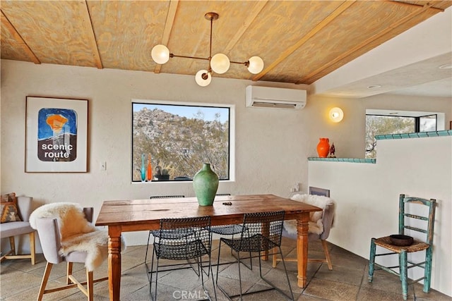 dining space with an AC wall unit and wood ceiling