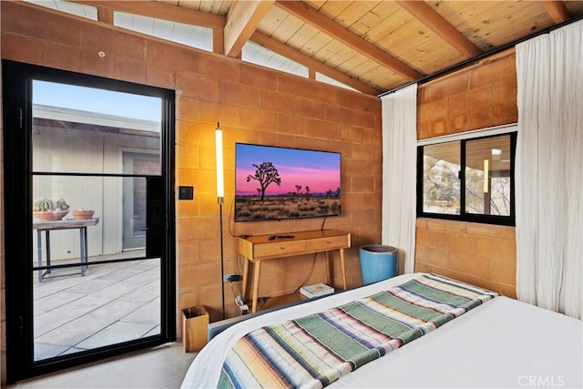 bedroom featuring vaulted ceiling with beams and wood ceiling