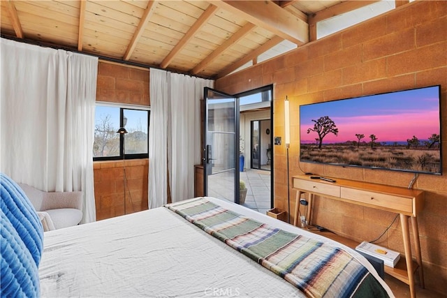 bedroom with vaulted ceiling with beams and wood ceiling