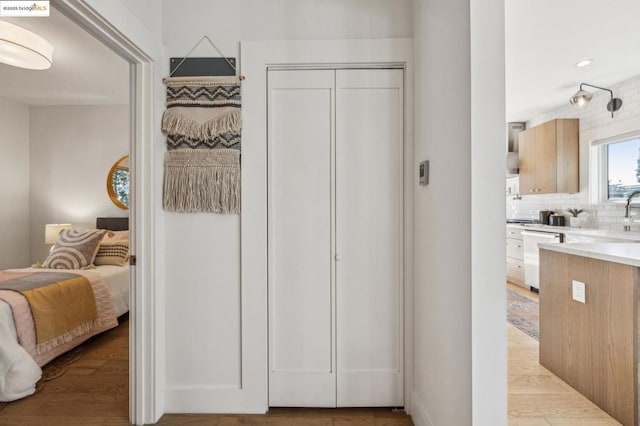 interior space featuring tasteful backsplash, vanity, and wood-type flooring