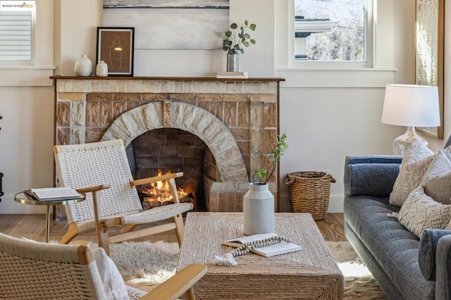 living area featuring hardwood / wood-style flooring and a fireplace