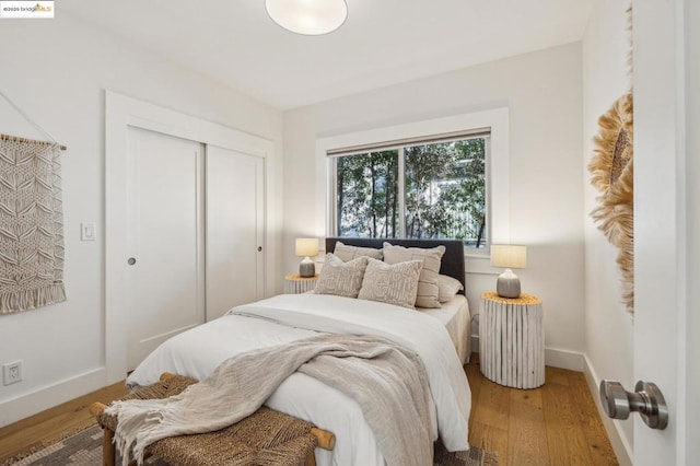 bedroom featuring wood-type flooring and a closet