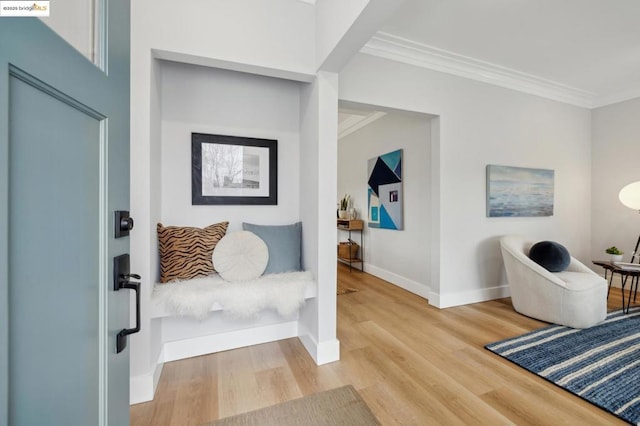 foyer with hardwood / wood-style flooring and ornamental molding