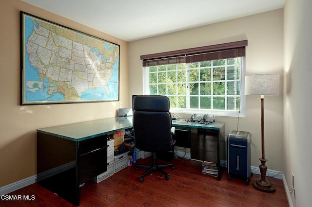 office space featuring a wealth of natural light and dark hardwood / wood-style flooring