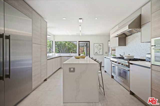 kitchen with custom exhaust hood, high end appliances, white cabinetry, tasteful backsplash, and a kitchen island