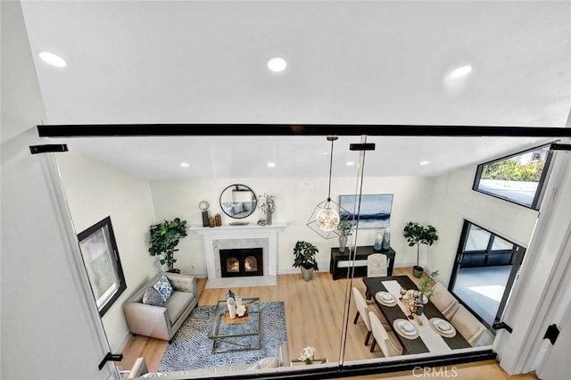 living area with light wood finished floors, a fireplace, and recessed lighting