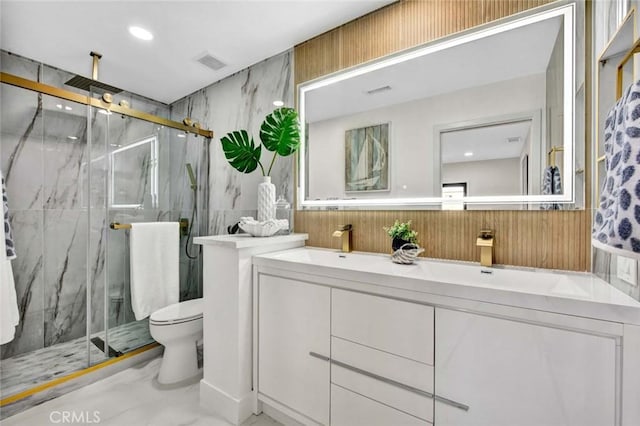 bathroom featuring marble finish floor, visible vents, toilet, and a marble finish shower