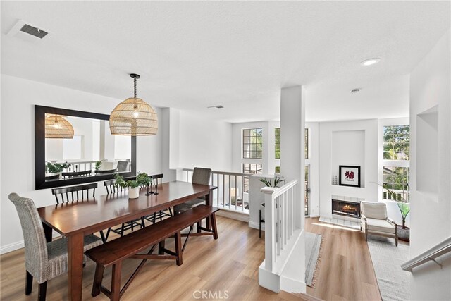 dining room featuring a wealth of natural light, a fireplace, and light hardwood / wood-style floors