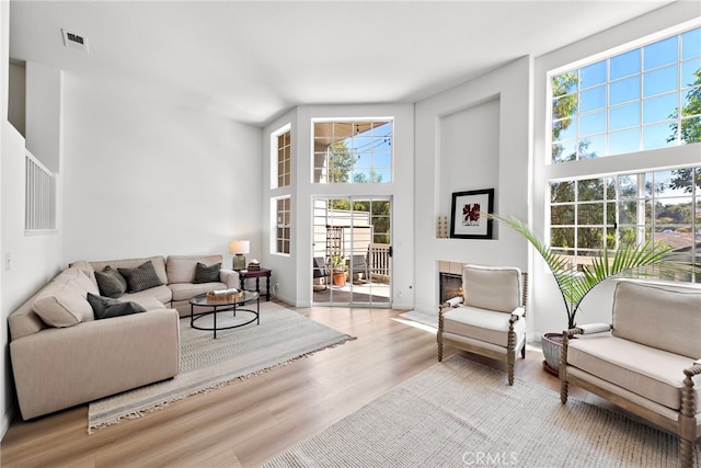 living room featuring light wood-type flooring and high vaulted ceiling