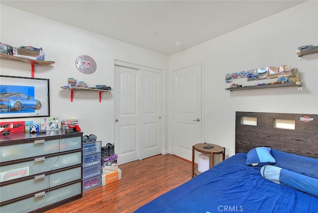 bedroom featuring dark wood-type flooring and a closet