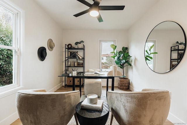 office with ceiling fan, plenty of natural light, and light wood-type flooring