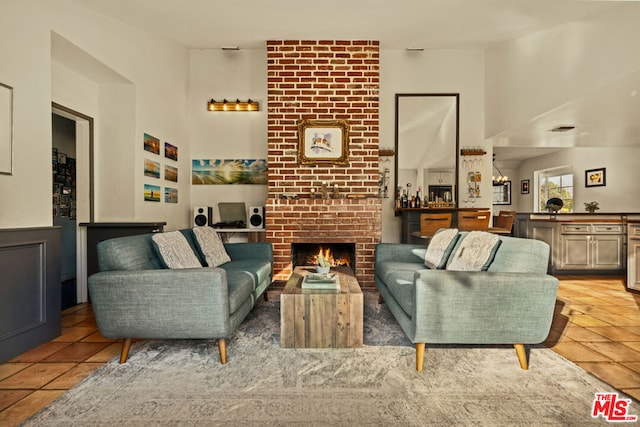 tiled living room with a fireplace