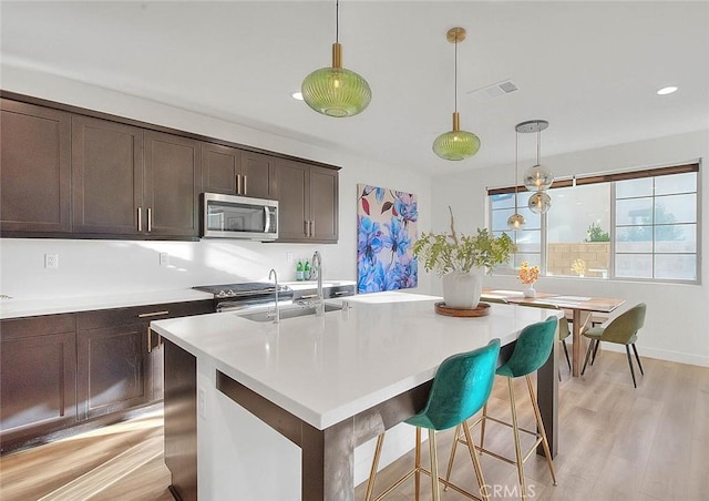 kitchen with appliances with stainless steel finishes, hanging light fixtures, an island with sink, and dark brown cabinets