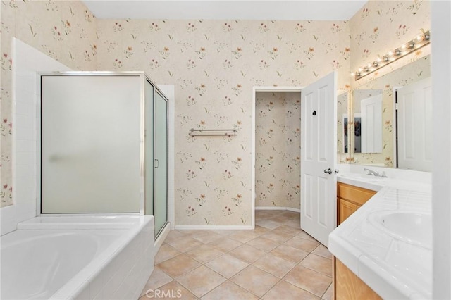 bathroom featuring vanity, tile patterned floors, and independent shower and bath