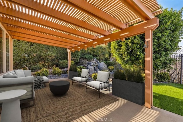 view of patio featuring a pergola and outdoor lounge area