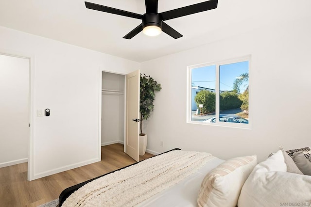 bedroom with ceiling fan, a closet, and light hardwood / wood-style flooring