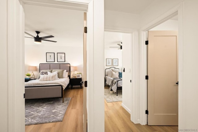 bedroom with light hardwood / wood-style flooring and ceiling fan