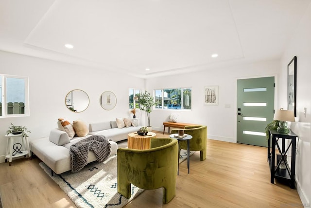 living room with a tray ceiling and light hardwood / wood-style flooring