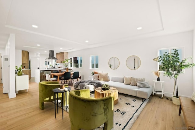 living room featuring sink and light hardwood / wood-style floors