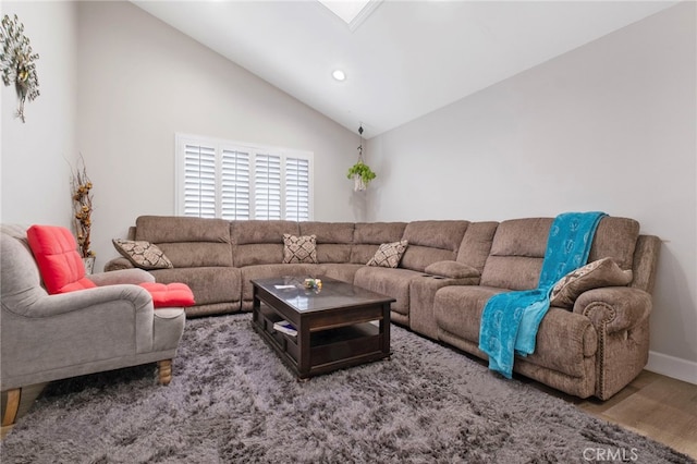 living room with hardwood / wood-style flooring and high vaulted ceiling