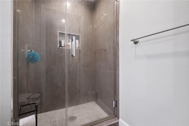 bathroom featuring a shower with shower door