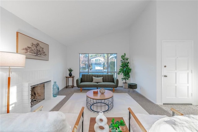 living room featuring a brick fireplace, light carpet, and high vaulted ceiling