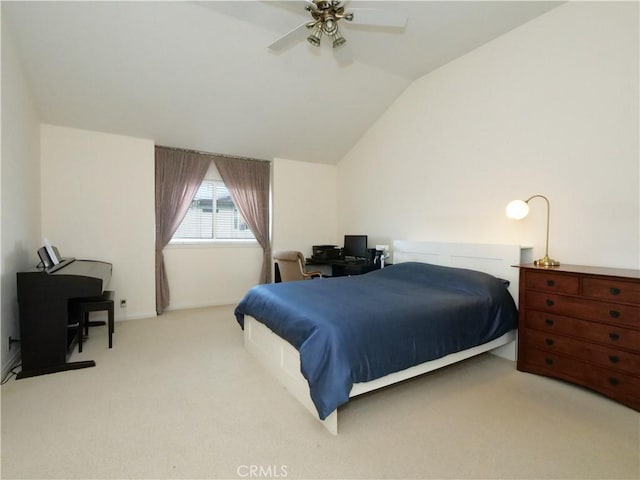 bedroom with light carpet, vaulted ceiling, and ceiling fan