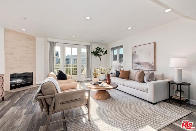 living room with wood-type flooring and a fireplace