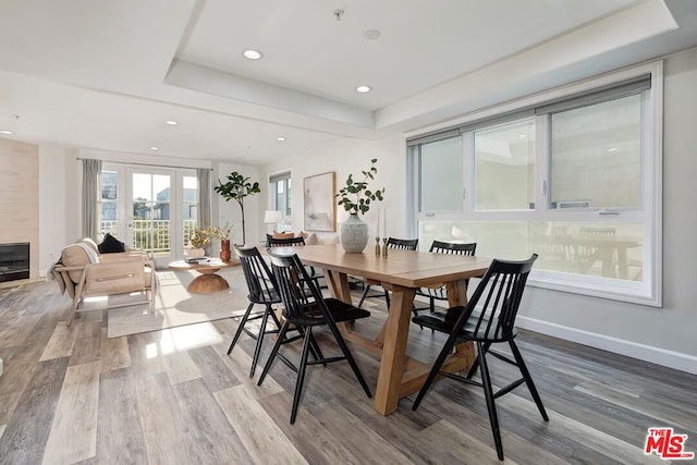 dining area with hardwood / wood-style flooring and a raised ceiling