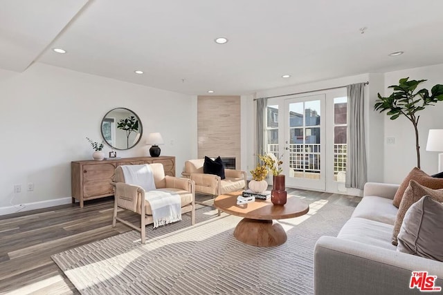 living room with french doors and wood-type flooring