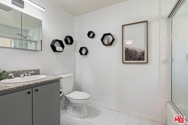 full bathroom with vanity, tile patterned flooring, enclosed tub / shower combo, and toilet