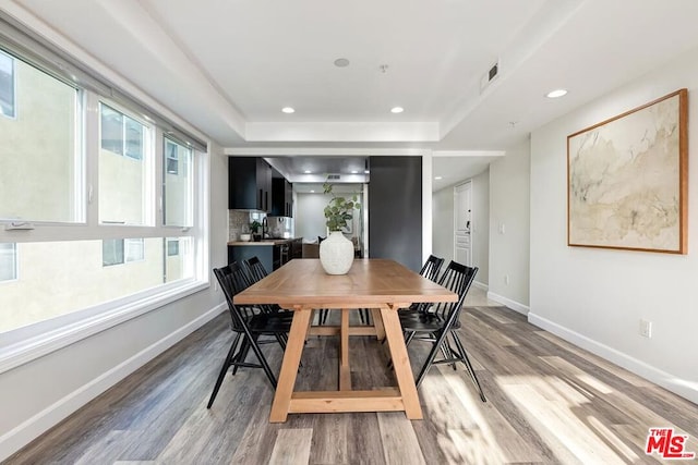 dining area featuring a tray ceiling and wood-type flooring