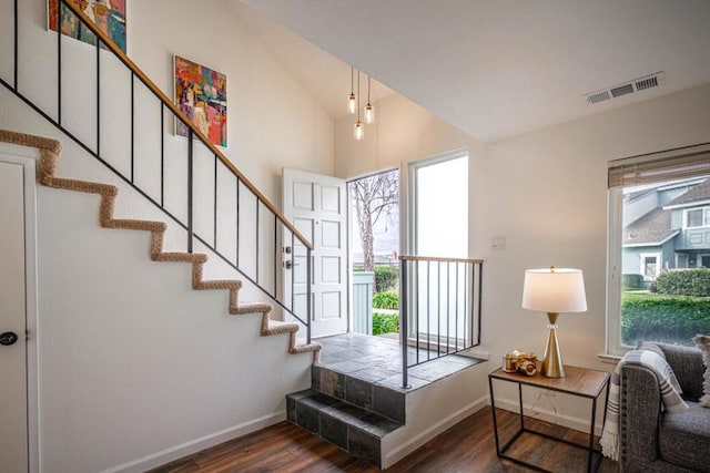 entrance foyer with dark wood-type flooring, lofted ceiling, and a healthy amount of sunlight