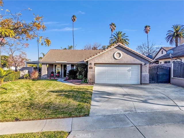 ranch-style house with a garage and a front lawn