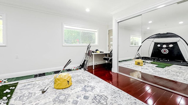 office space with crown molding, plenty of natural light, and dark wood-type flooring