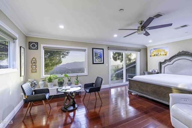 bedroom with ornamental molding, dark wood-type flooring, access to outside, and ceiling fan