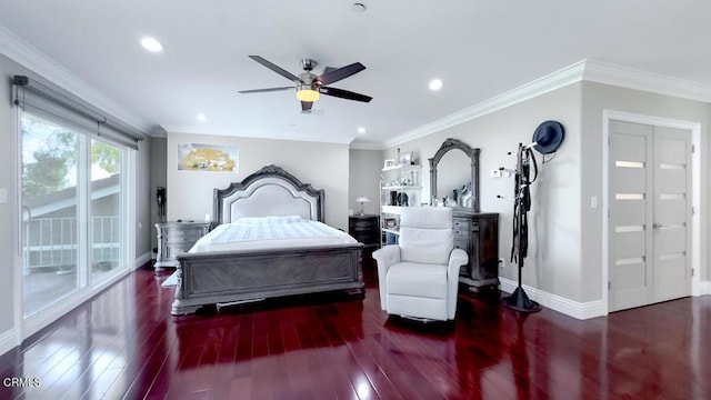 bedroom with access to exterior, crown molding, dark wood-type flooring, and ceiling fan